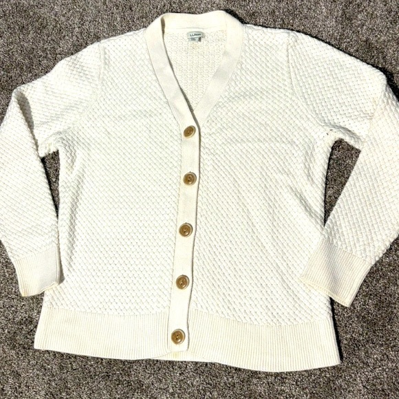 L.L. Bean Sweaters - LL Bean Button up Cardigan Sweater Ivory Weave Knit Womens Size Large